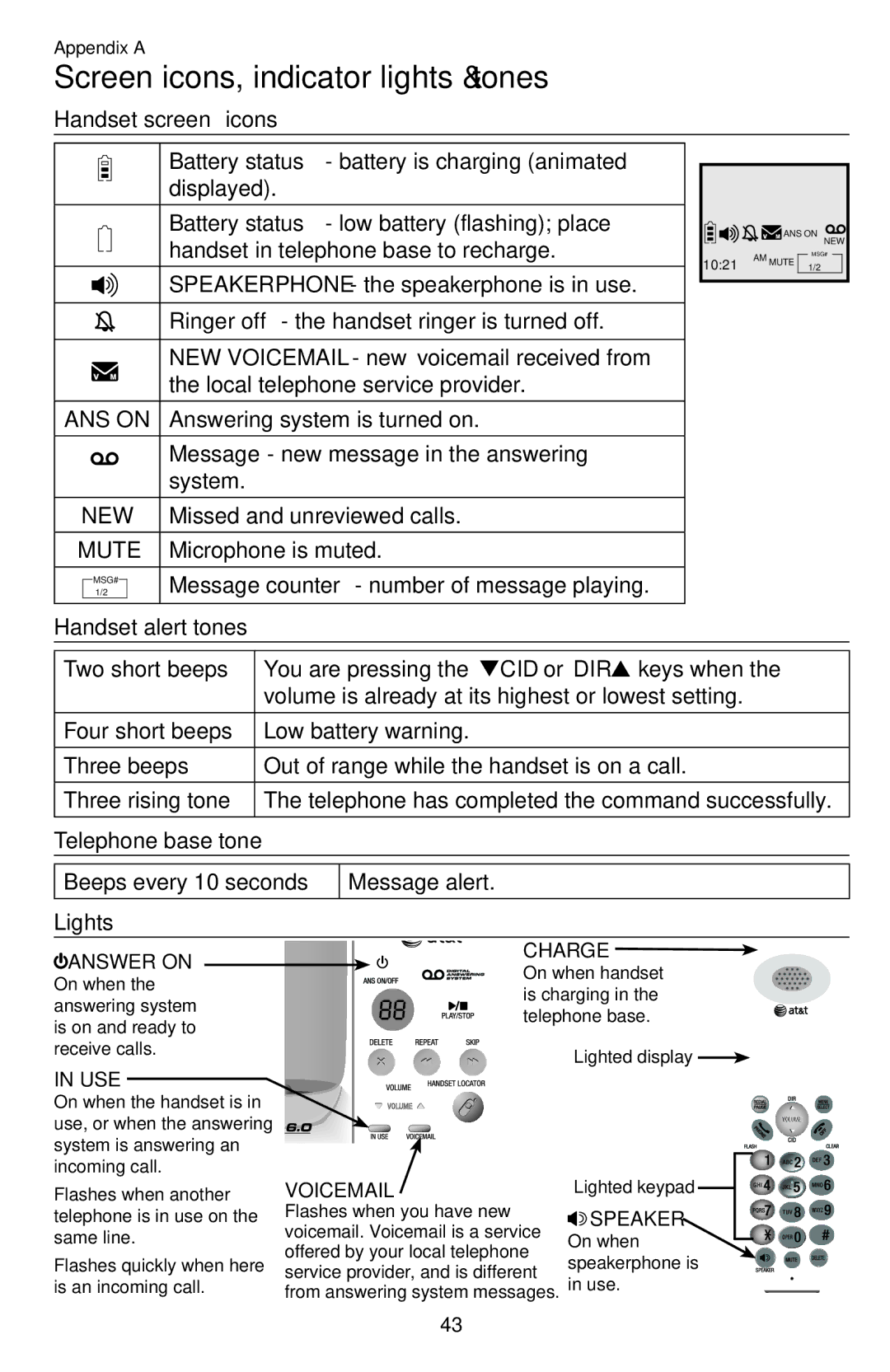 AT&T EL52109 user manual Screen icons, indicator lights & tones 